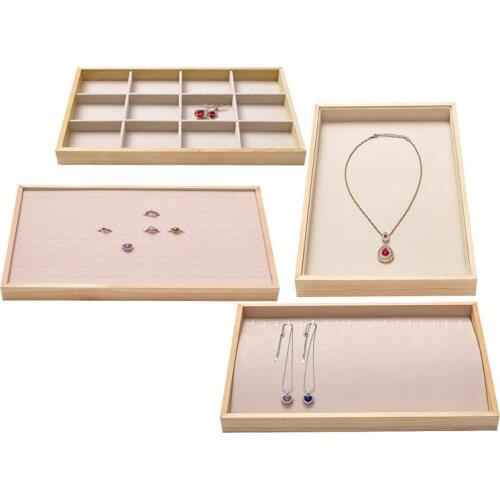 Natural Wood Necklace Bracelet Jewelry Organizer Box Beige Velvet Ring Earrings Watch Storage Case Glass Display Showcase Tray