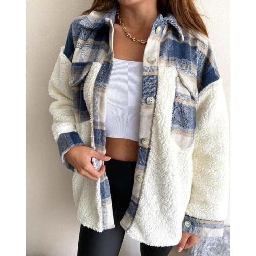 Lamb Wool Plaid Patchwork Jacket Women Christmas Warm Winter Outerwear Coat New Brand Design Casual Loose Vintage Teens Girls