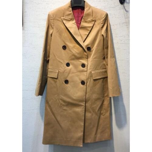 Fashion new Woman Khaki Long Trench Coat Double Breasted Flap Pockets Long Sleeves Flap Pockets Back Slit