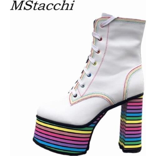 MStacchi Fashion Womens Mid-calf Boots Crude Heel Lace-Up Round Toe Platform Non-Slip Shoes Women High Heel Botas Mujer 2021