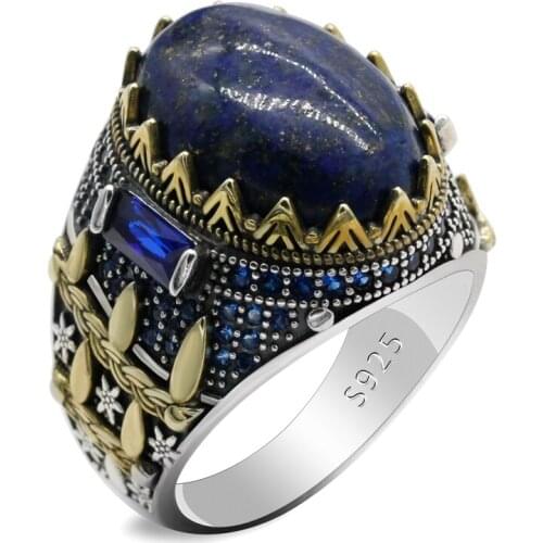 Oval High Quality Natural Lapis Lazuli Ring Mens 925 Silver Retro Punk Style Jewelry Party Friends Party to Send Family Couples