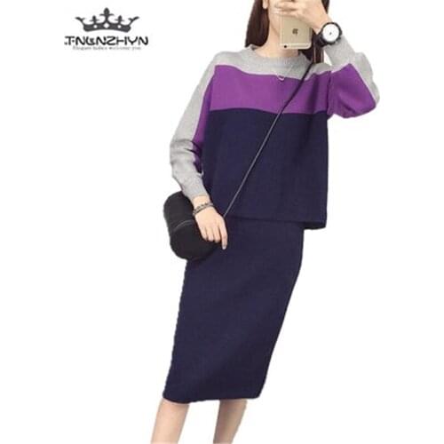Tnlnzhyn 2019 New Spring Autumn Womens 2 two Piece Set Sweater Tops And Midi Skirts Sets Casual Suits Sets Dress Y488
