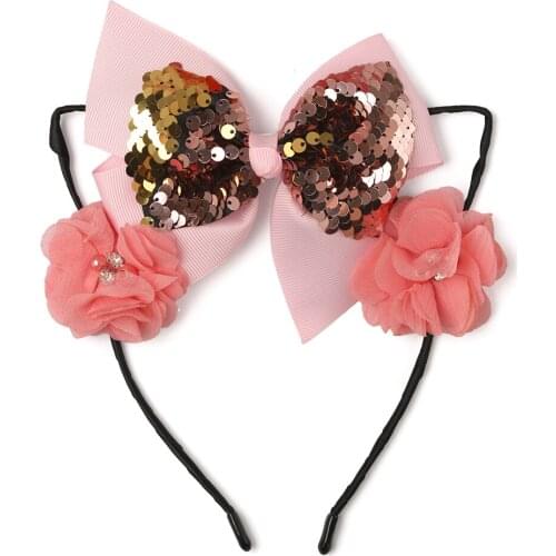 1 Piece Black Charm Cat Ear Hairband Chiffon Flower Hair Hoop Glitter Sequin Bows With Hair Bands For Party Costume