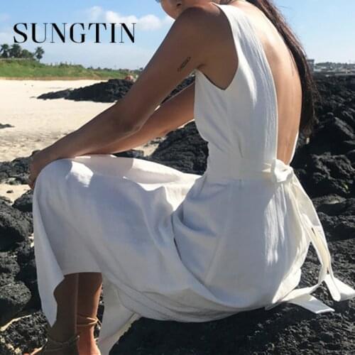 Sungtin Cotton and Linen Backless Sashes Long Dress Women Sexy Square Collar Empire Split Dress Summer Thin Vestidos Beach Style