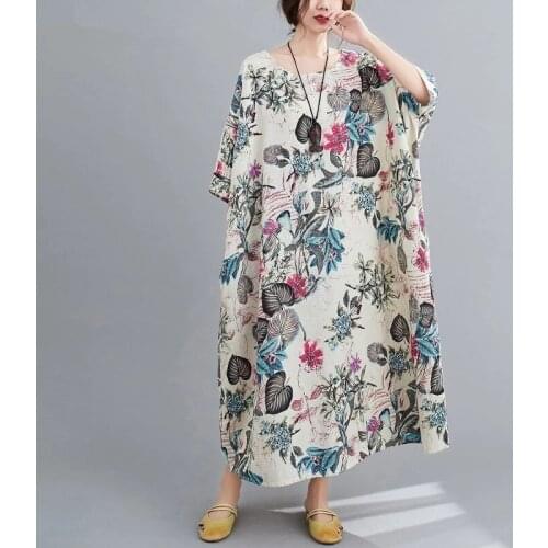 Cotton Linen Plus Size Vintage floral Women Casual Loose Long Summer Oversize Dress Elegant Clothes 2021 Ladies Dresses Sundress