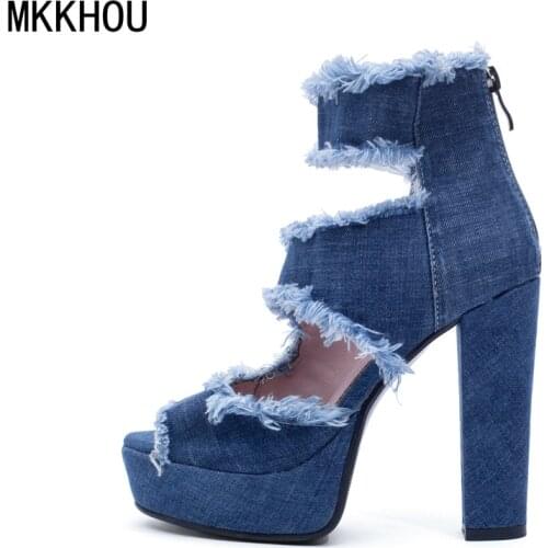 MKKHOU Fashion Sandals Ladies New Simple Denim Fish Mouth Platform Shoes Thick Heel 12 cm All-Match High Heel Womens Shoes