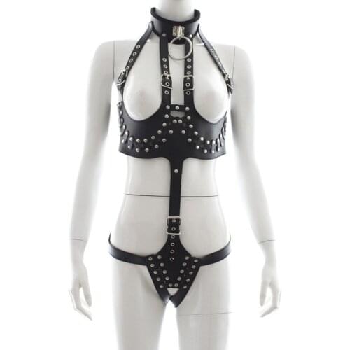 Sexy lingerie Teddies bdsm Bondage leather PU hot Erotic lingerie Showing breasts Siamese bondage costume cosplay queen