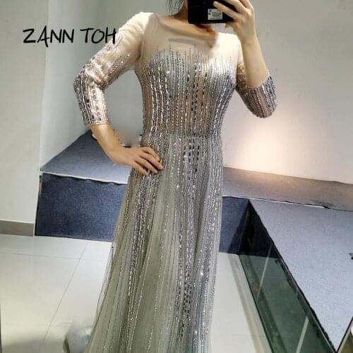 High Quality Gray Evening Dressses 2020 Elegant Beading Illusion Prom Party Gowns Plus Size Robe De Soiree