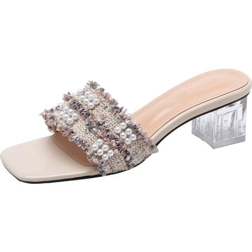 Flip Flop Sandals Womens Summer 2021 New Crystal Sequins Thick Medium Heeled Shoes Womens Sandals Fashion Shoes for Girls