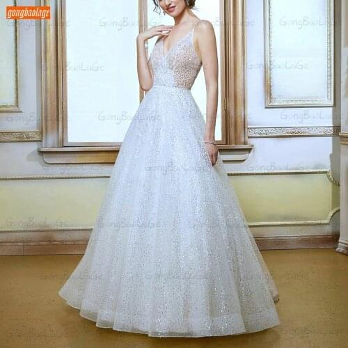Sparkly Boho Wedding Dress White 2021 V Neck Backless Vestido De Noiva A Line Tulle Robe De Mariage Custom Made Bridal Gowns New