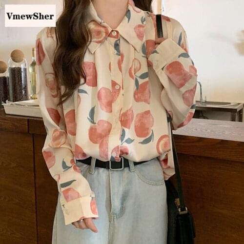 VmewSher New Spring Peach Print Women Shirt Long Sleeve Turn Down Collar Female Summer Fashion Sweet Blouse Buttons Cute Tops