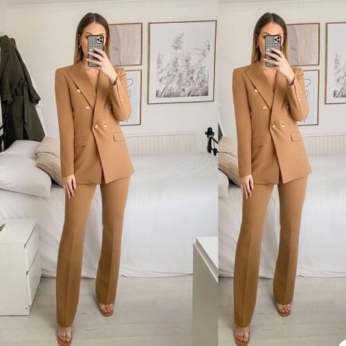 Two Piece Women Business Blazer Set Office Lady Solid Color Formal Suits with Buttons New Pink Yellow Commute Blazer Pants Set