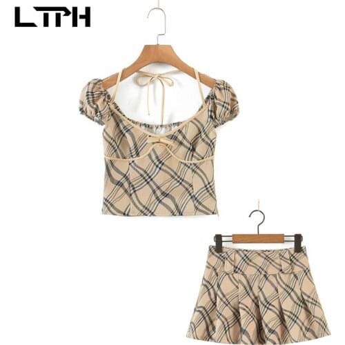 LTPH ins vintage plaid two piece set women Casual Outfits puff sleeve short tops high waist pleated skirt Sets 2021 summer new