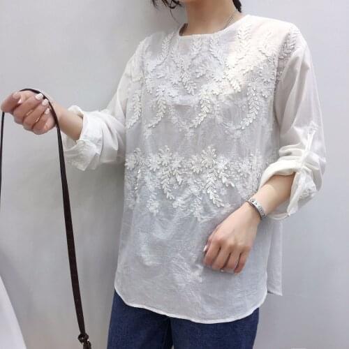 FairyNatural Unique Leaves 3D Willow Stitch Wheat Embroidery Pullover Tops Long Sleeve Cotton Linen White Shirt Blouse Women