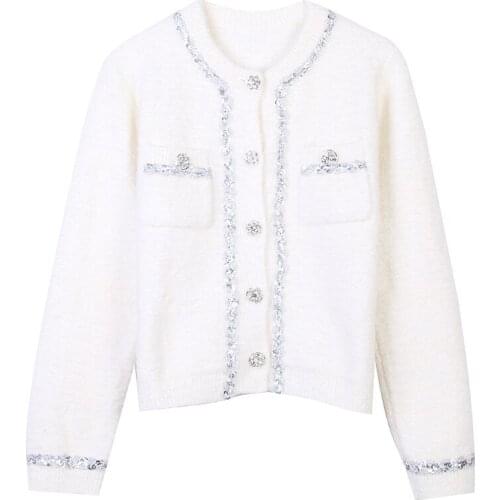 Runway Luxury Sequined Diamonds Buttons White Cardigan Mujer 2020 Korean Fashion O-Neck Knitted Sweater Women Autumn Winter