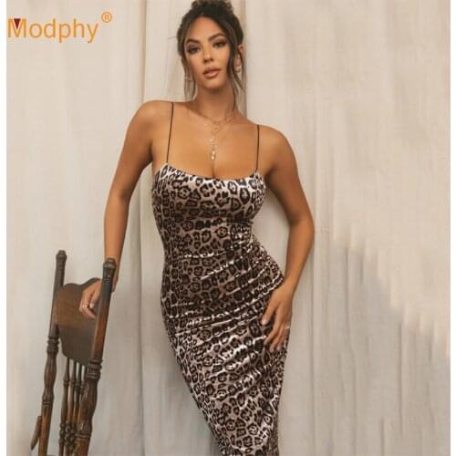 Sexy Leopard Print Swan Dress WomenS Bodycon Spaghetti Strap Midi Dress Club Evening Party Female Vestidos 2021 Clothing