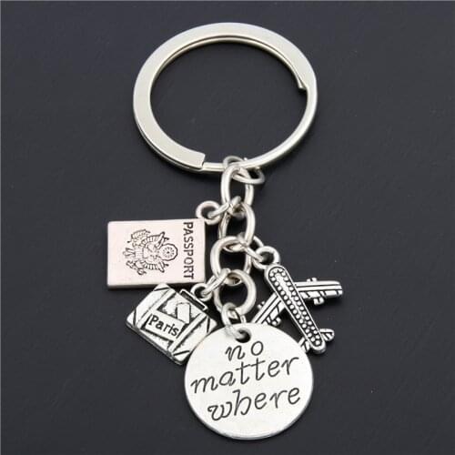 1pc Paris Luggage Key Chain With Passcard Keychain Jewelry Silver Color Word No Matter Where Aircraft Airplane Pendant E1659