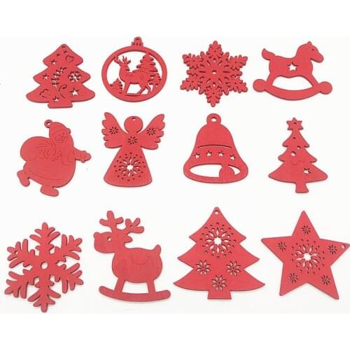 10 Pcs Red Wooden Christmas Ornaments Festive Decoration, Wooden Cut Christmas Tree Decoration