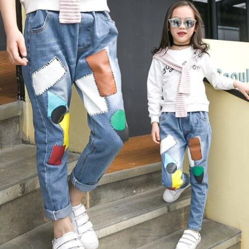 2017 Spring and Autumn Season New Patches of Jeans Big Children Small Feet Slim Pants Trend Blocks Baby Pants