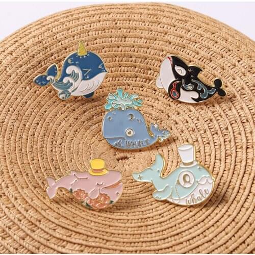 Whale Enamel Pins Sea Animal Glasses Custom Brooches Flower Ocean Wave Cute Bag Hat Lapel Pin Badge Gift for Kids Women Men
