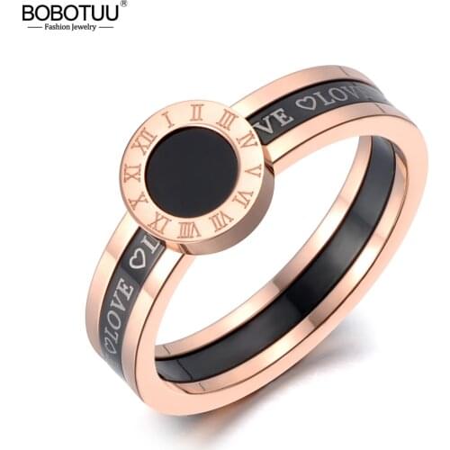 BOBOTUU Black Acrylic Love Roman Numerals Wedding Rings For Women Rose Gold Titanium Stainless Steel Ring Jewelry BR19060