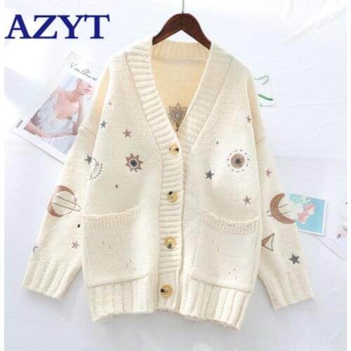 AZYT Harajuku Loose Women Sweater Cardigan 2020 New Star Moon Embroidery Womens Cardigan Jacket V Neck Long Sleeve Sweater Coat