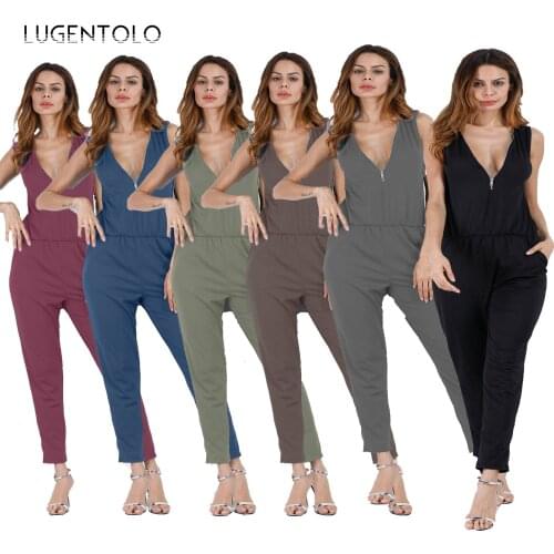 Beach Jumpsuits Women Sleeveless Zipper V-neck Solid Elastic Waist Pocket Female Casual Street Thin Long Jumpsuit Lugentolo