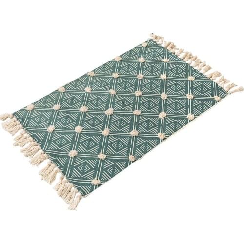 Hand Woven Cotton Linen Carpet 60×110cm Nordic Rug Carpet Mat For Bedroom Green Bedside Rug Tufted Tassels Floor Mat Washable