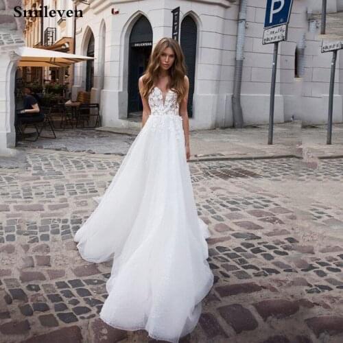 Smileven Lace Wedding Dress 2020 Glitter Tulle Backless Boho Bride Dresses Appliqued Lace Robe De Mariee Bridal Gowns