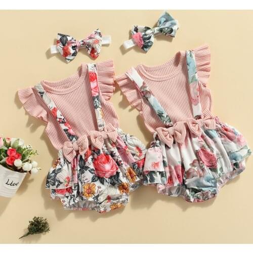 3Pcs Baby Summer Outfit, Solid Color T-Shirt + Rose Print Suspenders Pantie + Hairband for Toddler Girl, 0-18 Months