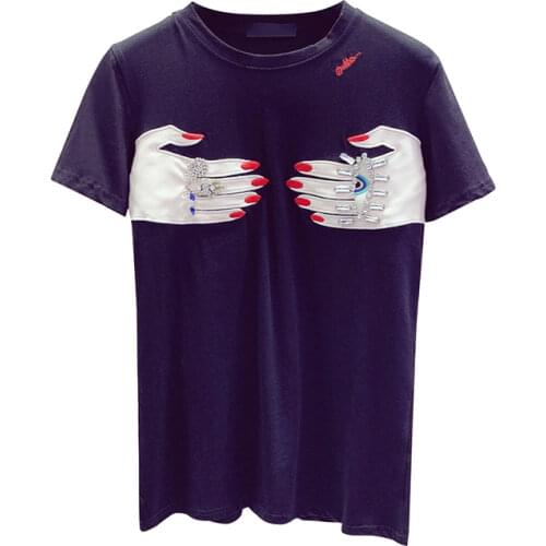 Fashion new womes black t-shirts bead work hands womens white tees femme finger tees