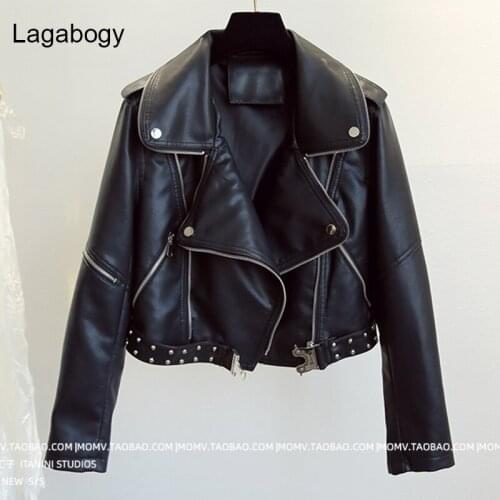 Lagabogy 2021 New Faux Leather Jacket Women Motorcycle Black Green Short Coat Female Slim PU Autumn Basic Zipper Rivet Overcoat