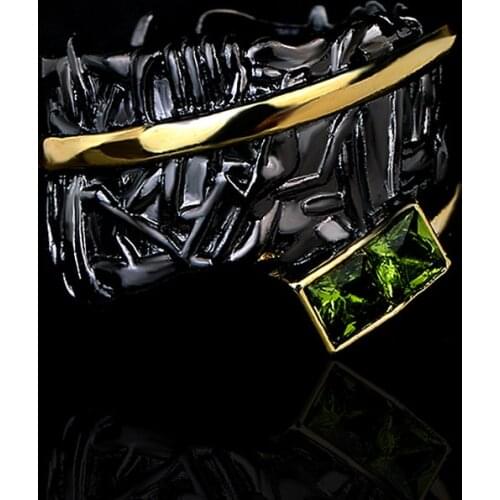 2021 New Exaggerated Personality Two-tone Black Gold Womens Ring Vintage Green Zircon Jewelry Womens Ring Rings for Women