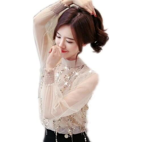 New Women Blouses 2019Fashion Spring Women Chiffon Blouses Sequined Long Sleeve Mesh Perspective Shirts Mujer Tops Hot SaleQ1264