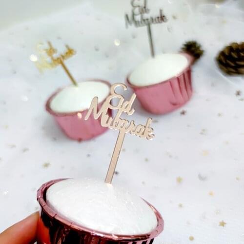 New Eid Mubarak Acrylic Cupcakes Toppers Rose Gold Letters Muslim Baking Cake Toppers for Islam Ramadan Cake Decoration Supplies