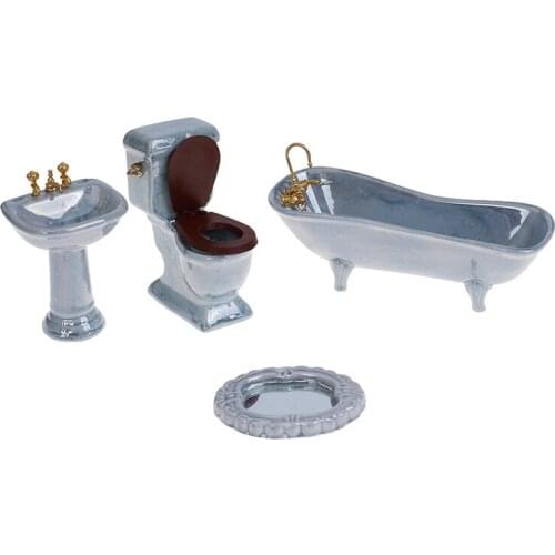 One Set New 1:12 Dollhouse Miniature Blue Porcelain Bathroom Set Toilet Basin Bathtub Furniture Toys