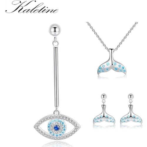KALETINE Luck Blue Evil Eye Necklace for Women 925 Sterling Silver Turkey Fishtail Earrings Bralelet Pendant Gift Jewelry Set