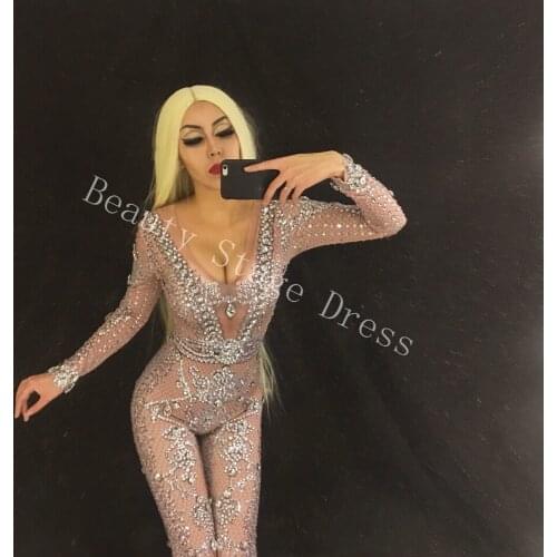 Sexy Rhinestones Nude Singer Jumpsuit Nightclub Bar Dance Wear Performance Bodusuit Costume Prom Birthday Party Festival Outfit