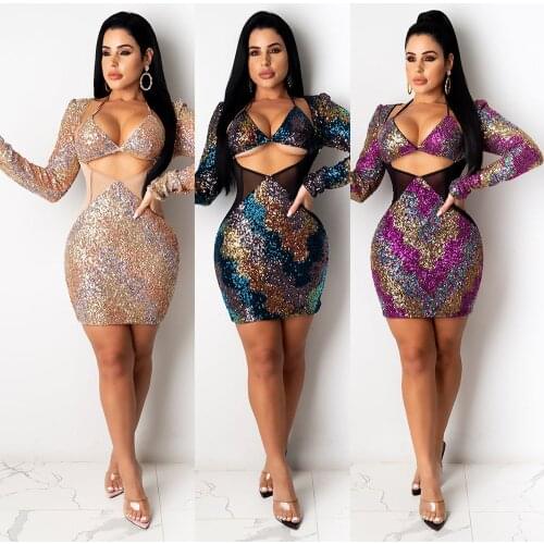SUJYing New Fashion Sexy Temperament Commuting Printed Sequin Long Sleeve Dress Womens