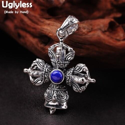 Uglyless Religious Cross Bell Pendants for Men Clinking Thai Silver Vajra Necklaces NO Chain Real 925 Silver Lapis Jewelry P1162