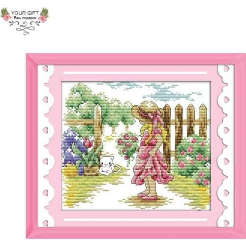 Your Gift Home Decoration F309 14CT 11CT Counted and Stamped The Girl Seeing A Cat Needlepoint Embroidery DIY Cross Stitch kits