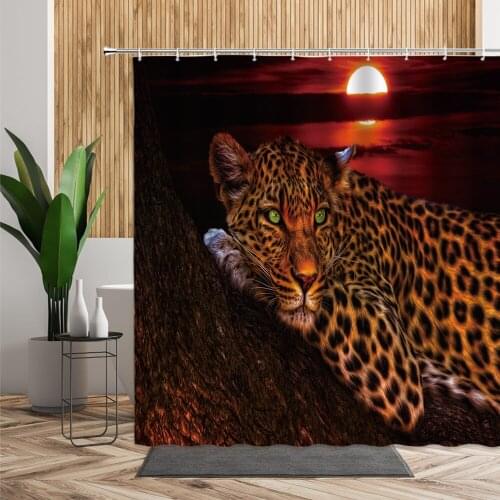 Moon Leopard Shower Curtain Wild Animal Pattern Bathroom Decor Set 3D Creative Night Landscape Backdrop Fabric Curtains For Bath