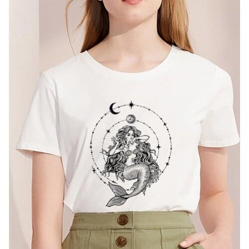 New T-shirt female Mermaid Printed Harajuku T shirt Women Fashion hipster Tshirt O-neck Short Sleeve White Tops Female Clothing
