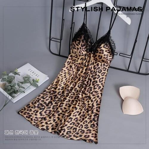 Sexy Hot Women Leopard Printed Lace Nightdress Lingerie V Neck Summer Spaghetti Straps Nightgown for Women Homewear Nighty