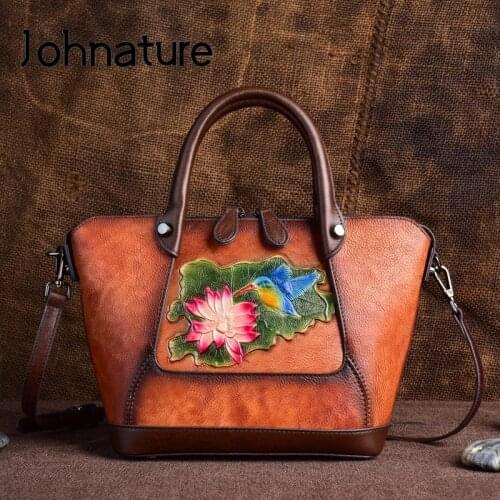 Johnature 2021 New Vintage Genuine Leather Women Bag Handmade Embossing Handbag Large Capacity Cowhide Shoulder Crossbody Bags