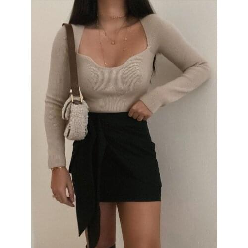 KONDALA Za Womens Sweaters Knitted Square Collar Sexy Slim Pullovers Streetwear Fashion 2021 Girlss Sweaters Chic Mujer Tops