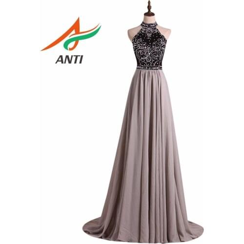 ANTI Silvery Beading O-Neck Backless A-Line Evening Dress Long Elegant Vestido De Festa Fast Shipping Formal Prom Gowns HQY328
