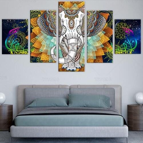 HD Print Art Animal Canvas Paintings 5 ​​Pieces India Elephant And Abstract Colorful Flower Paintings Modular Frame Bedroom Wall