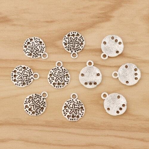 50 Pieces Tibetan Silver Tone Sand Dollar with Starfish Charms Pendants Beads for DIY Jewellery Making Accessories