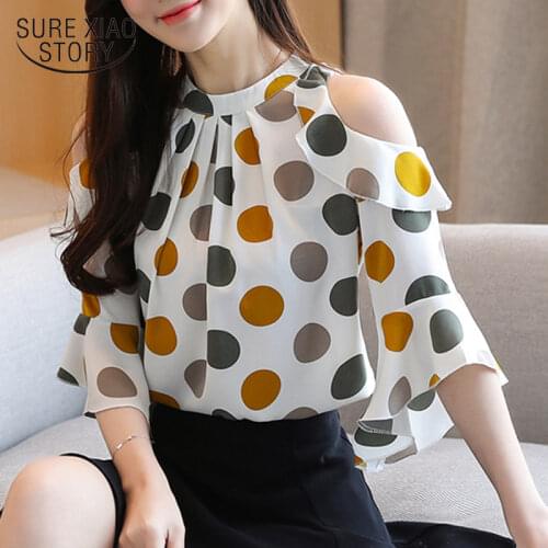 Blusas Mujer De Moda 2021 Summer Korean Style Womens Blouse Short Sleeve Bottoming Shirt Polka Dot Off-Shoulder Tops 9023 50